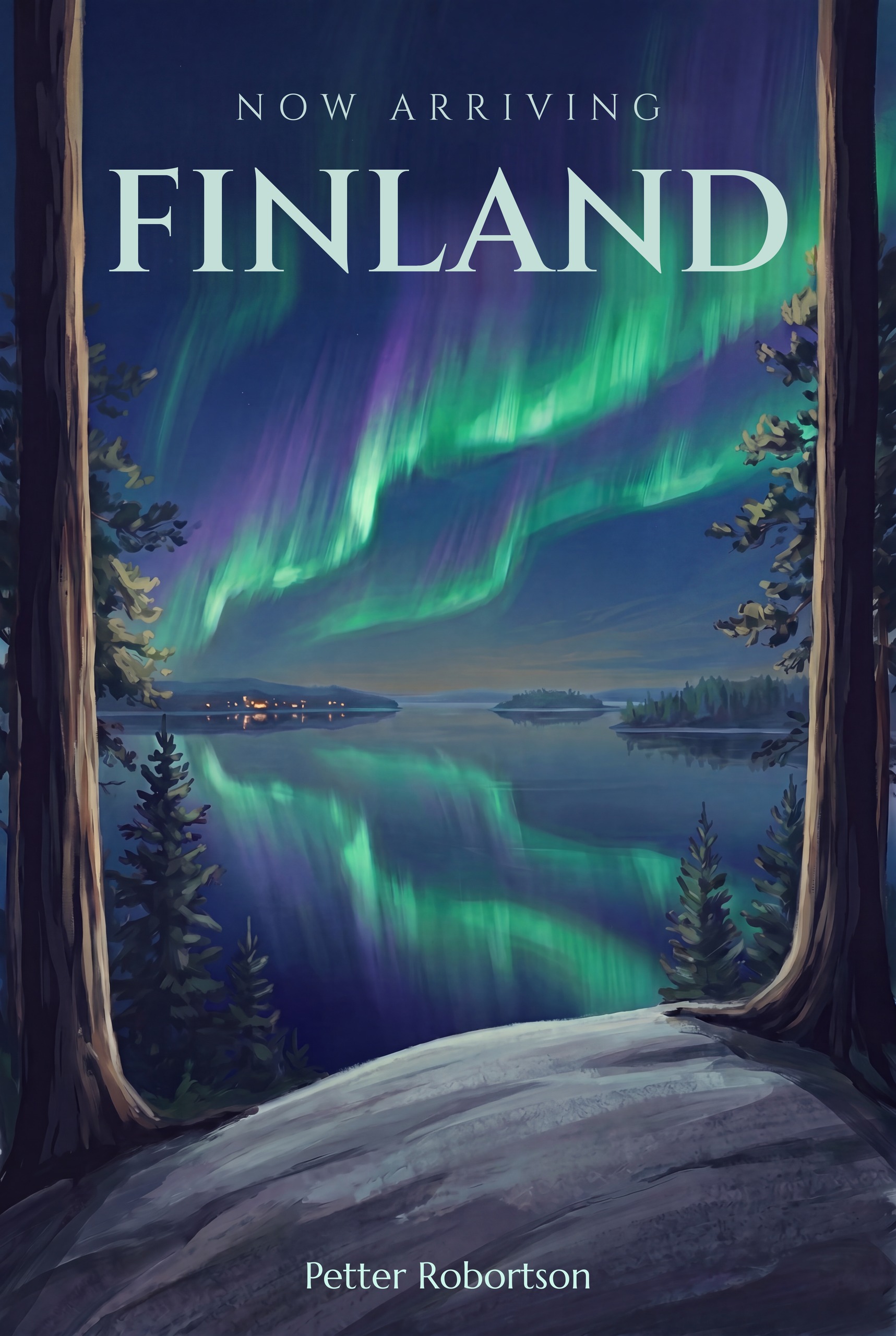 Now Arriving: Finland cover: cool aurora dusk over mirror water